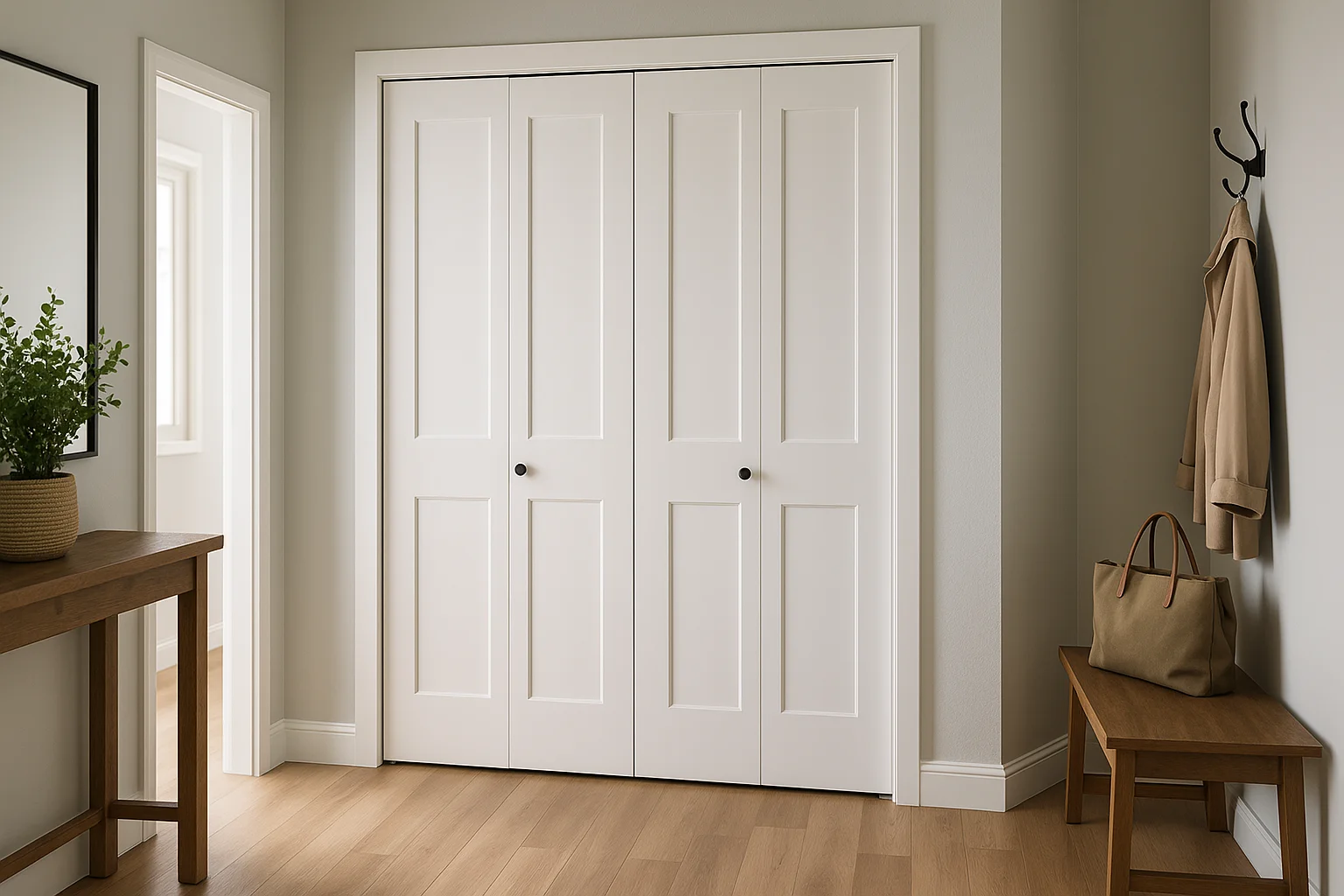Beautiful white bifold closet doors in modern hallway with wooden furniture