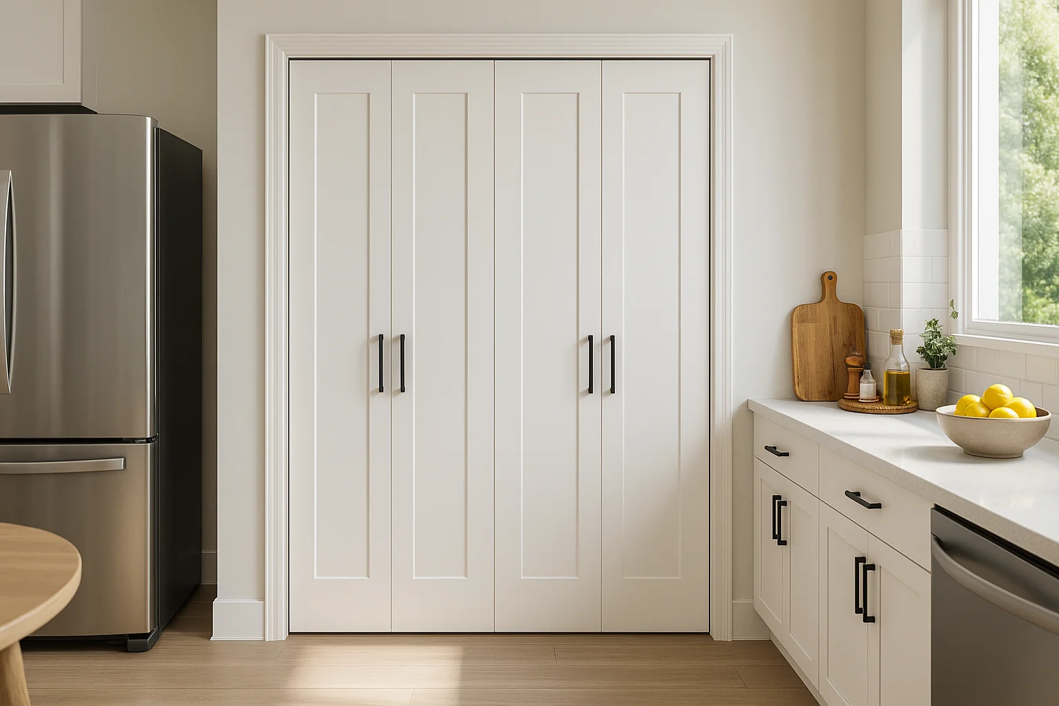 White bifold doors for kitchen pantry storage