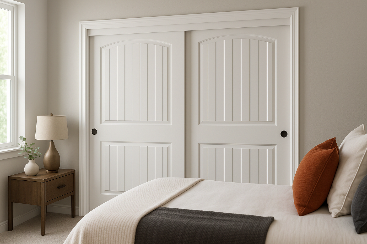 Modern sliding closet doors showing track system and hardware